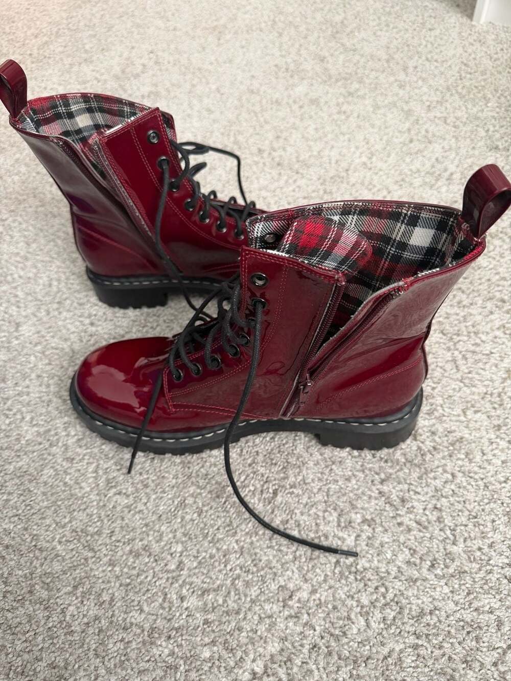 Xhilaration Burgundy Patent Combat Boots with Plaid Lining Size 11 - Picture 5 of 7